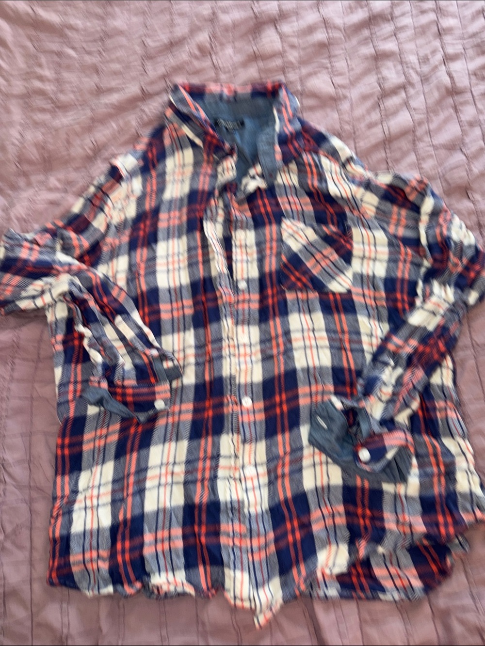 Women’s Button-Down Plaid Shirt in Navy, Cream & Red